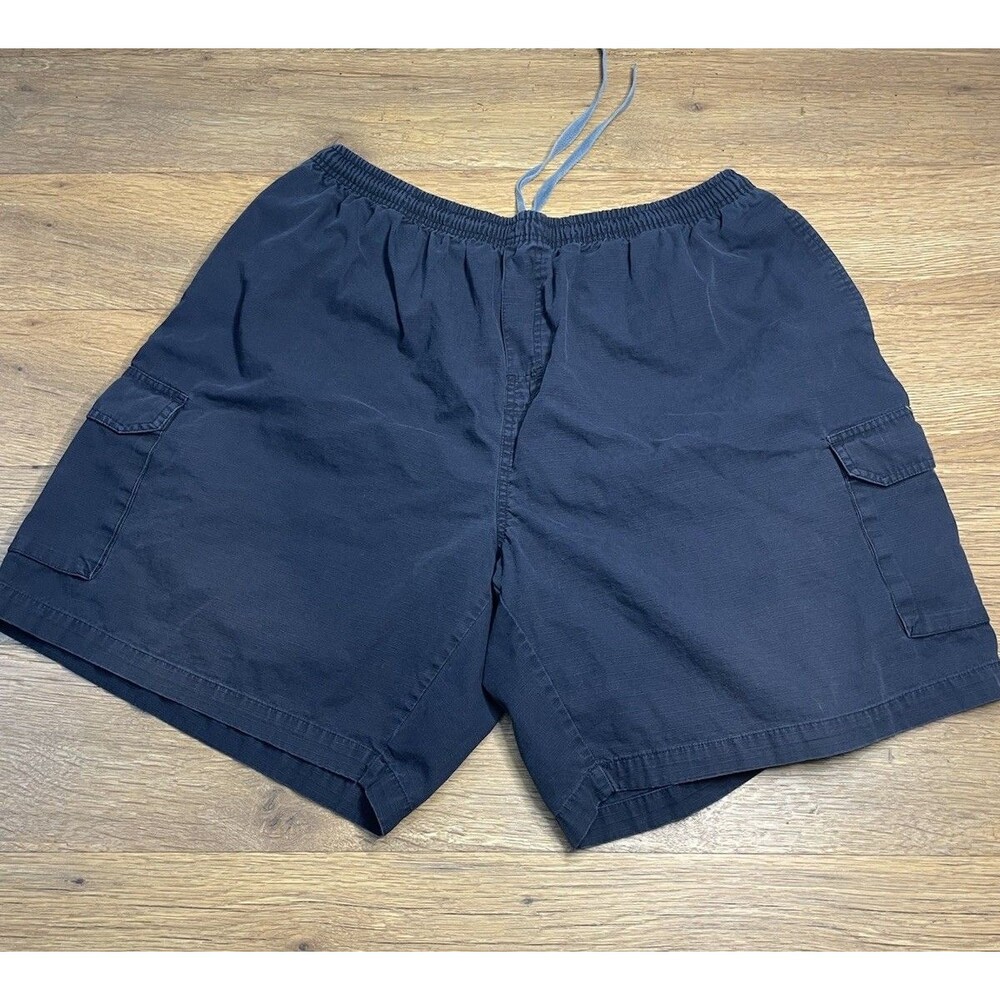 Vintage Big Dogs Navy Blue 100% Cotton Cargo Shorts Size 1X Elastic & Tie Waist